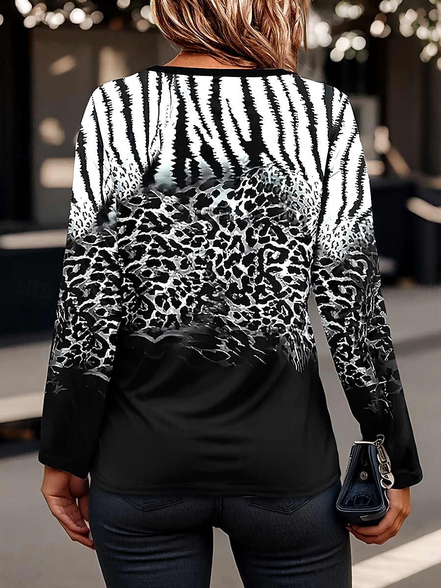 Women's T Shirt Ombre Graphic Leopard Elegant Vintage Stylish Long Sleeve V Neck Round Neck Notched Neck Regular Tops Daily Weekend Zipper Print Black Spring Fall Winter 2025 - $23.99 –P2