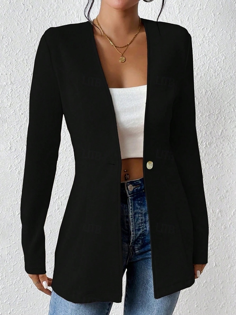 Dame Blazer Bekvem Pustende Knapper OL-stil Fritid عادي Kontor Gate Avslappet Dagligdagstøy Enkeltkneppet Normal V-hals Normal Langermet Yttertøy Svart Hvit Rød Vår Høst 2025 - $34.99 –P10