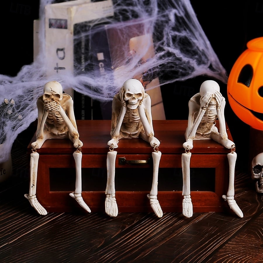 3 ks halloweenská simulace krbu, kombinace lebek, halloweenské sochy, vidět, mluvit, slyšet, žádné zlo, kostlivé figurky, realistické dekorace lebek pro domov, strašidelný dům, halloweenská párty 2025 - $29.99 –P2