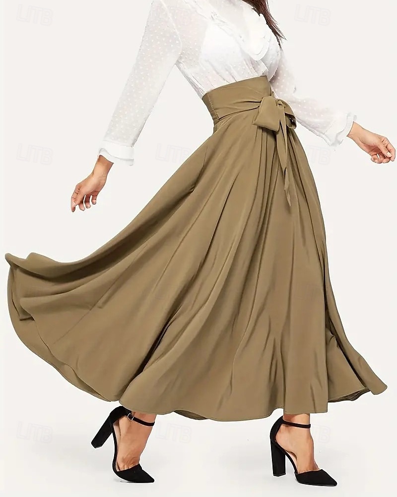 Damen Strumpfhosen Rock A-Linie Mode Lässig Maxi Hohe Taille Röcke Einfach Schleife Urlaub Straße Schwarz Khaki Frühling Polyester 2025 - $17.99 –P1