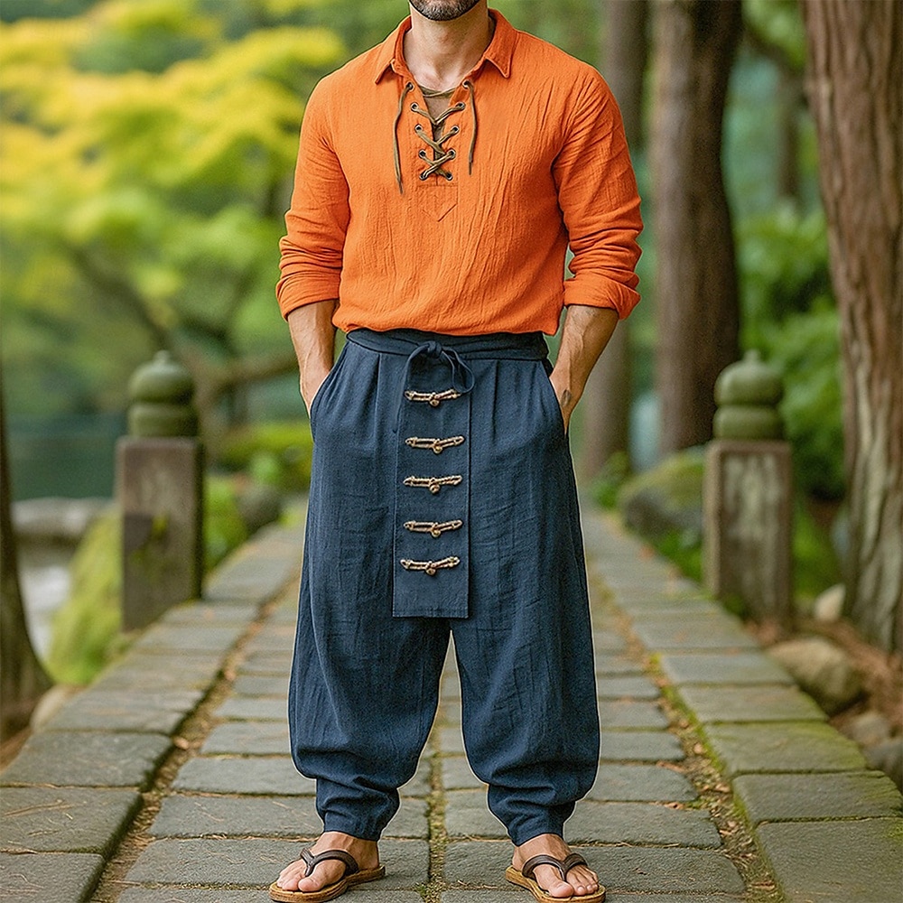 Herren Hemd Leinenhemd Wikinger-Stil Sommerhemd Strandbekleidung Einfarbig Urlaub Straße Weiß Orange Grün Leicht Blau Langarm Kragenlos Bekleidung 2025 - $25.99 –P8