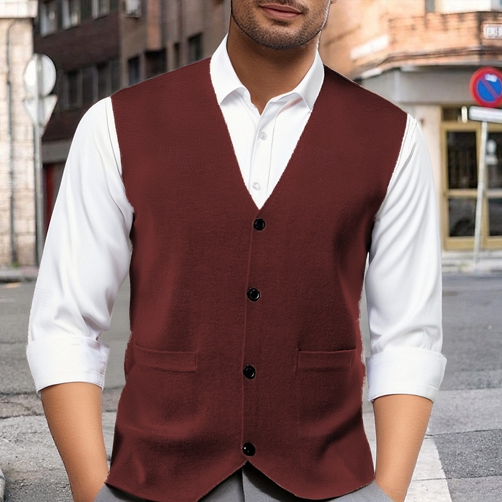 Herren Pullunder Kleid Pullover Weste Strickware Strickjacke Weste Gerippt Stricken Normale Oberteile Tasche Knöpfe Einfach V Ausschnitt Mode Klassisch Urlaub Alltagskleidung Bekleidung Herbst Winter 2025 - $31.99 –P3