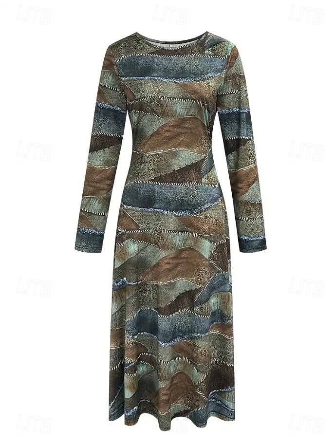 Dame Midikjole Fit And Flare Dress Fritid Bohem Fest Daglig Ut på byen Normal Polkadotter Abstrakt 3/4 ermer Crew-hals Lysebrun Høst Vinter 2025 - $36.99 –P2