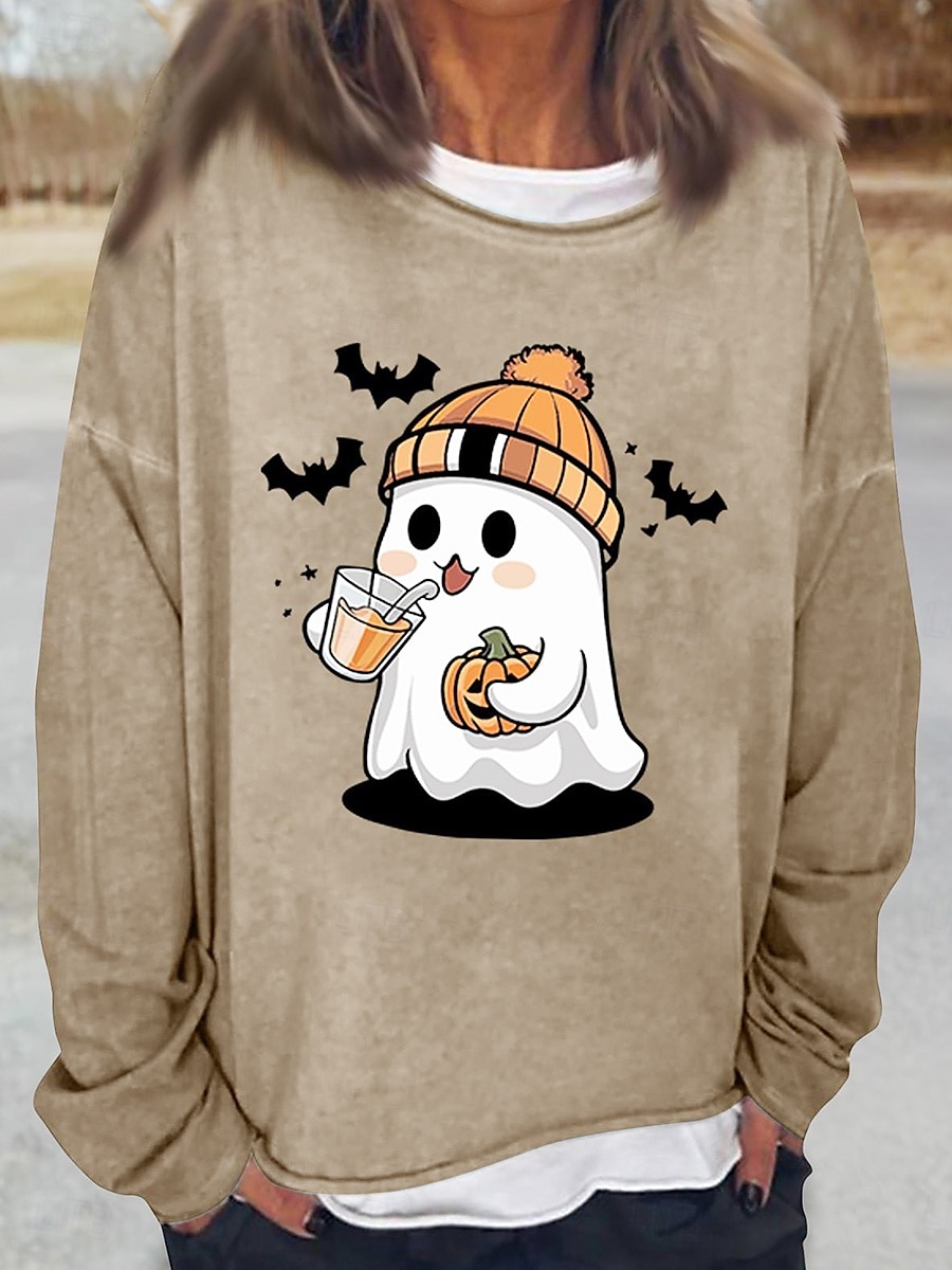 Sweatshirts Femme Halloween Décontracté Manches Longues Col Ronde Tops Classiques Imprimé Décontracté Noir Blanc Rose Kaki Gris Automne Hiver de 2025 ? $24.99 –P1