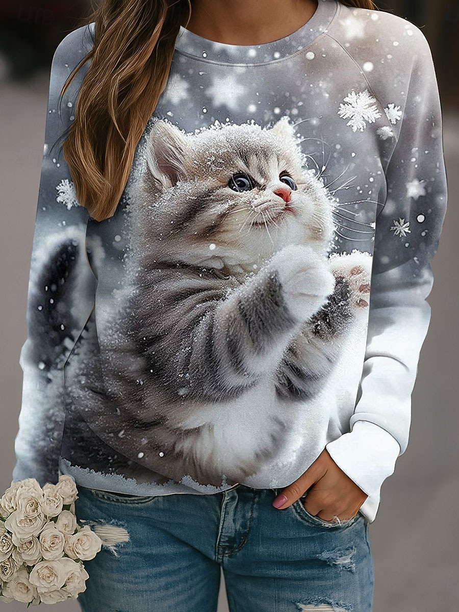 Dame Pullover Grafisk Katt Fritid Langermet Crew-hals Vanlige topper Avslappet Blå Lilla Kakifarget Grå Høst Vinter 2025 - $25.99 –P4