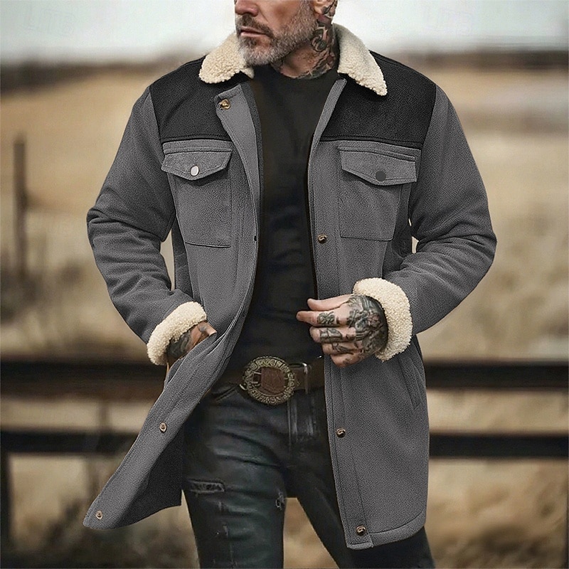 Herren Imitat-Lederjacke Winterjacke Sherpa-Jacke Urlaub Täglich Thermowarm Tasche Fleece Herbst Winter Farbblock Mode Streetwear Revers Lang Kamel Armeegrün Dunkelblau Grau Jacken 2025 - $51.99 –P2
