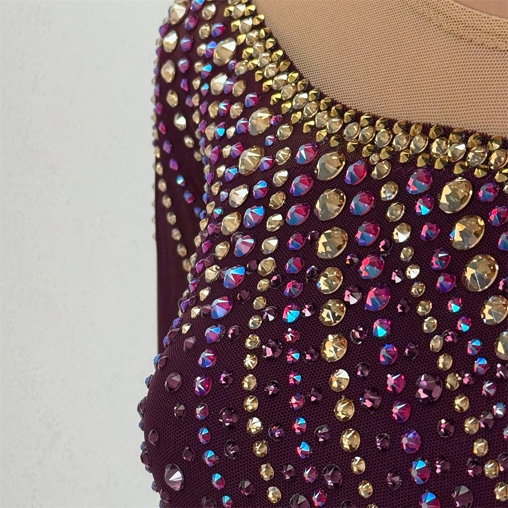 Kunstschaatsjurk Dames Voor meisjes Schaatsen Jurken Bordeaux Lapwerk Open achterkant Netstof Spandex Hoge Elasticiteit Opleiding Wedstrijd Kunstschaatskleding Klassiek Kristal / Bergkristal Lange 2026 - $298.59 –P7