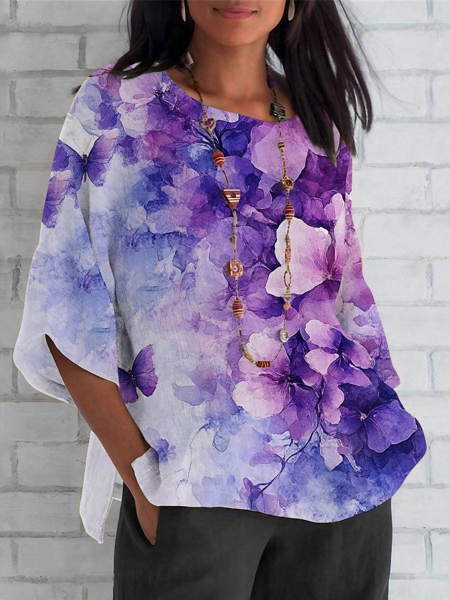 Damen Hemd Druck Blumen Täglich Lässig Dreiviertelarm Rundhalsausschnitt Normale Oberteile Täglich Ferien Purpur Sommer Frühling Herbst 2026 - $31.99 –P3
