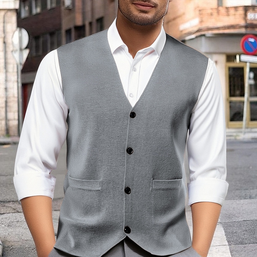 Herren Pullunder Kleid Pullover Weste Strickware Strickjacke Weste Gerippt Stricken Normale Oberteile Tasche Knöpfe Einfach V Ausschnitt Mode Klassisch Urlaub Alltagskleidung Bekleidung Herbst Winter 2025 - $31.99 –P5