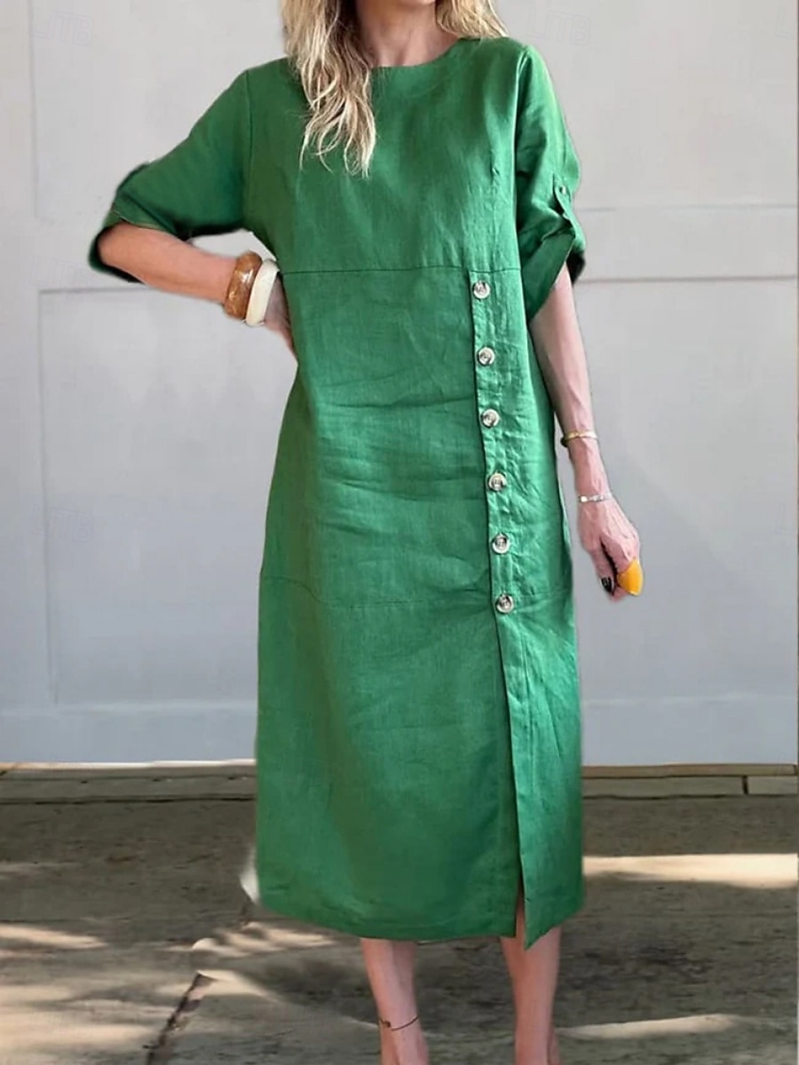 Pentru femei Rochii Midi Rochie casual Rochie din in bumbac De Bază Modern Zilnic Sfârșit de săptămână Fit regulat Simplu Lungime Manșon 3/4 Stil Nautic Negru Galben Albastru piscină Maro Var 2025 - $28.99 –P5