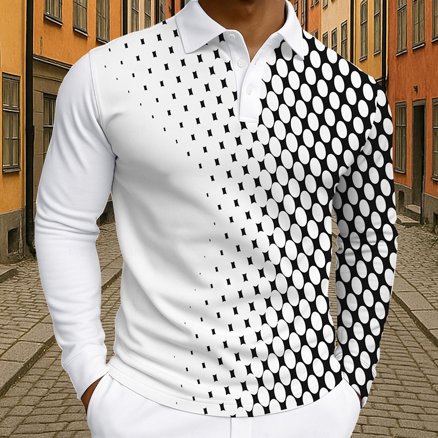 Herr Geometrisk Polo Långärmad Polotröjor Kavajslag Business Casual Fritids- Dagliga kläder 3D-utskrift Knappar Vår Höst Vinter Svart Vit 2025 - $21.99 –P1