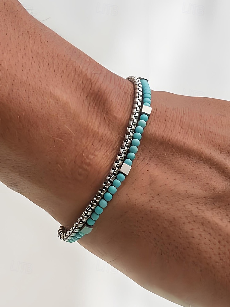 مجموعة أساور رجالية من الخرز الفيروزي والسلسلة الفضية - مجوهرات قابلة للتعديل على طراز شاطئ بوهو للملابس غير الرسمية والصيفية وملابس العطلات 2025 - $7.99 –P1