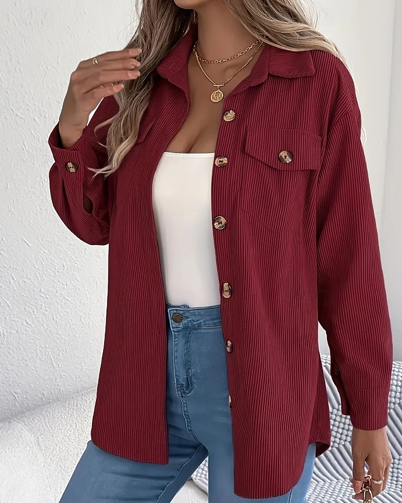Damen Hemd Textur Bluse Bluse Einfach Modern Lässig Langarm Hemdkragen Normale Oberteile Täglich Ausgehen Tasche Knöpfe Schwarz Wein Khaki Herbst 2025 - $23.99 –P5