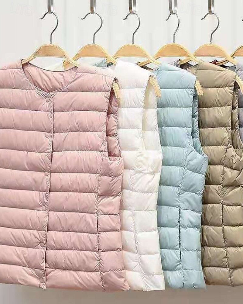 Dame سترة Bekvem Knapper Fritid عادي Ut på byen Helg Enkeltkneppet Normal Crewneck Normal Ermeløs Yttertøy Svart Hvit Kakifarget Høst Vinter 2025 - $27.99 –P1