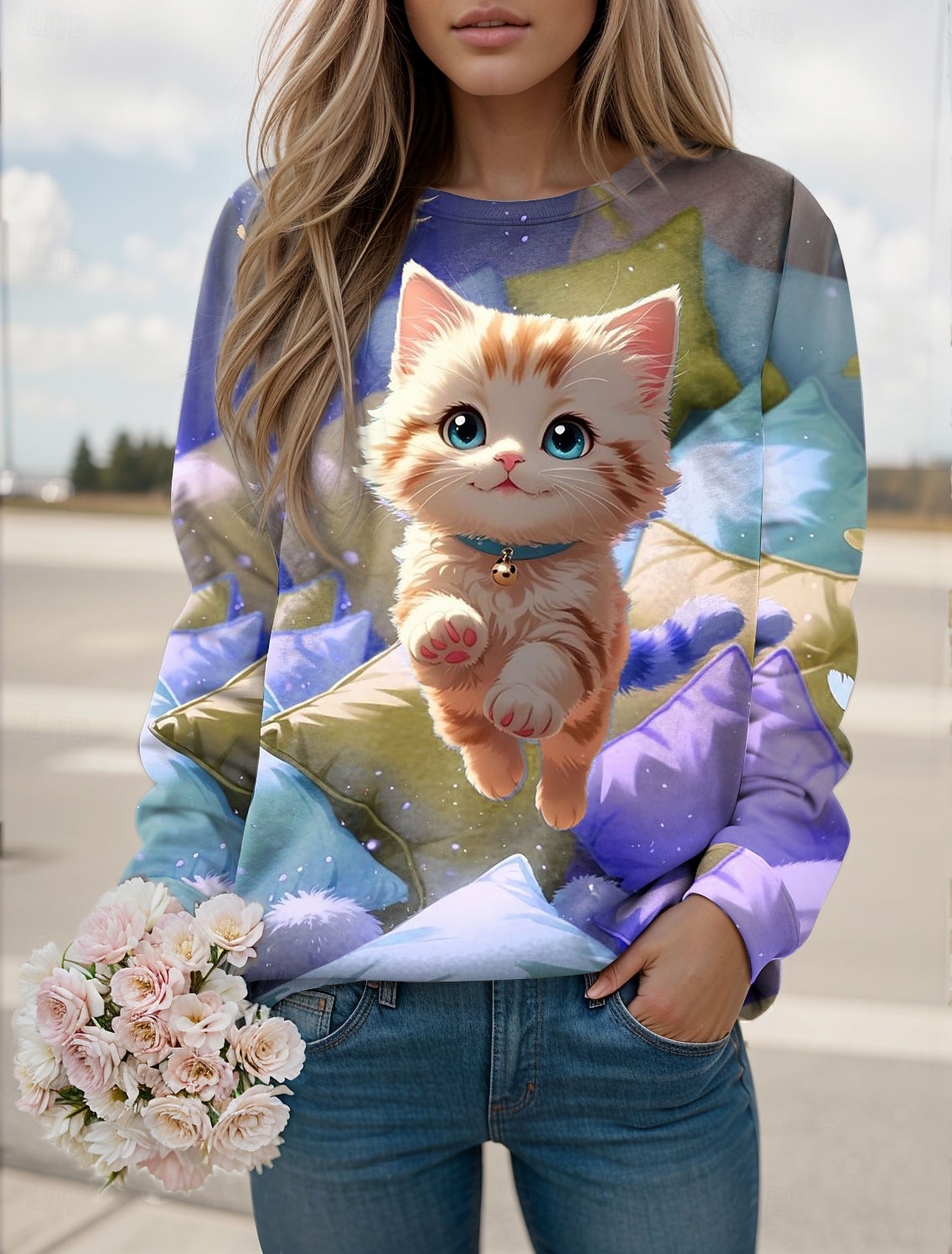 Damen Pullover Sweatshirt Druck Grafik Tiermotiv Katze Lässig Langarm Rundhalsausschnitt Normale Oberteile Lässig Straße Ferien Blau Rosa Purpur Grün Frühling Herbst Winter 2026 - ₪98 –P3
