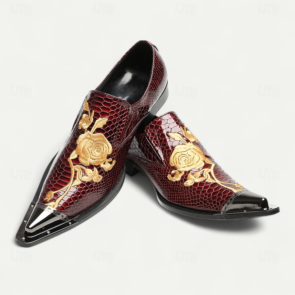 Men's Burgundy Crocodile Pattern Leather Dress Shoes, Luxury Pointed Toe Loafers with Floral Embroidery for Weddings, Parties and Formal Occasions 2026 - AU $159.99 –P8