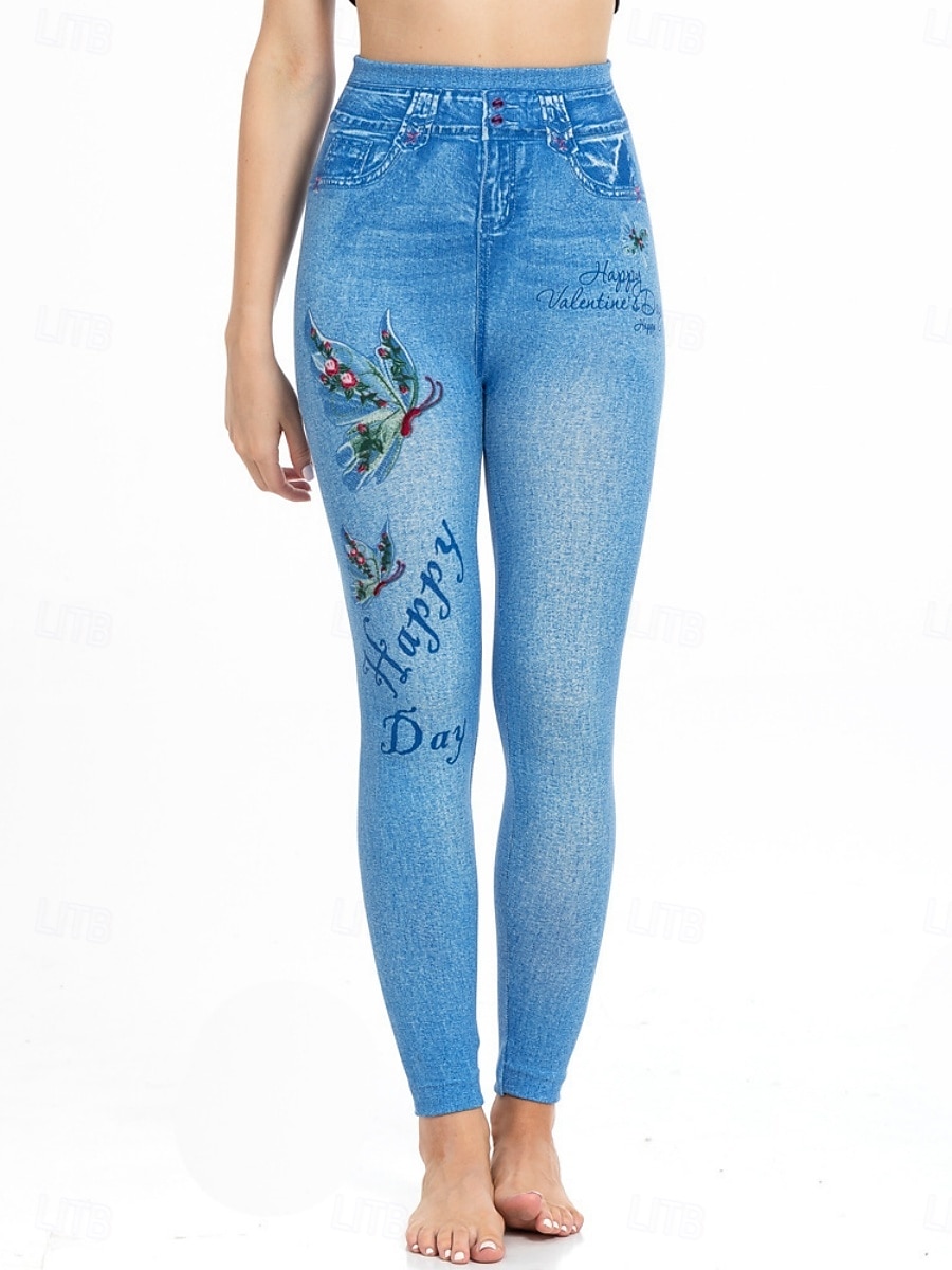 Dames Leggings Verontruste spijkerbroek Vakantie Vintage Casual Volledige lengte Hoge taille Bloemig Vlinder Elastische tailleband Opdrukken Zacht Comfortabel Rekbaar Buiten Straat blauw Luchtblauw 2026 - $24.99 –P9