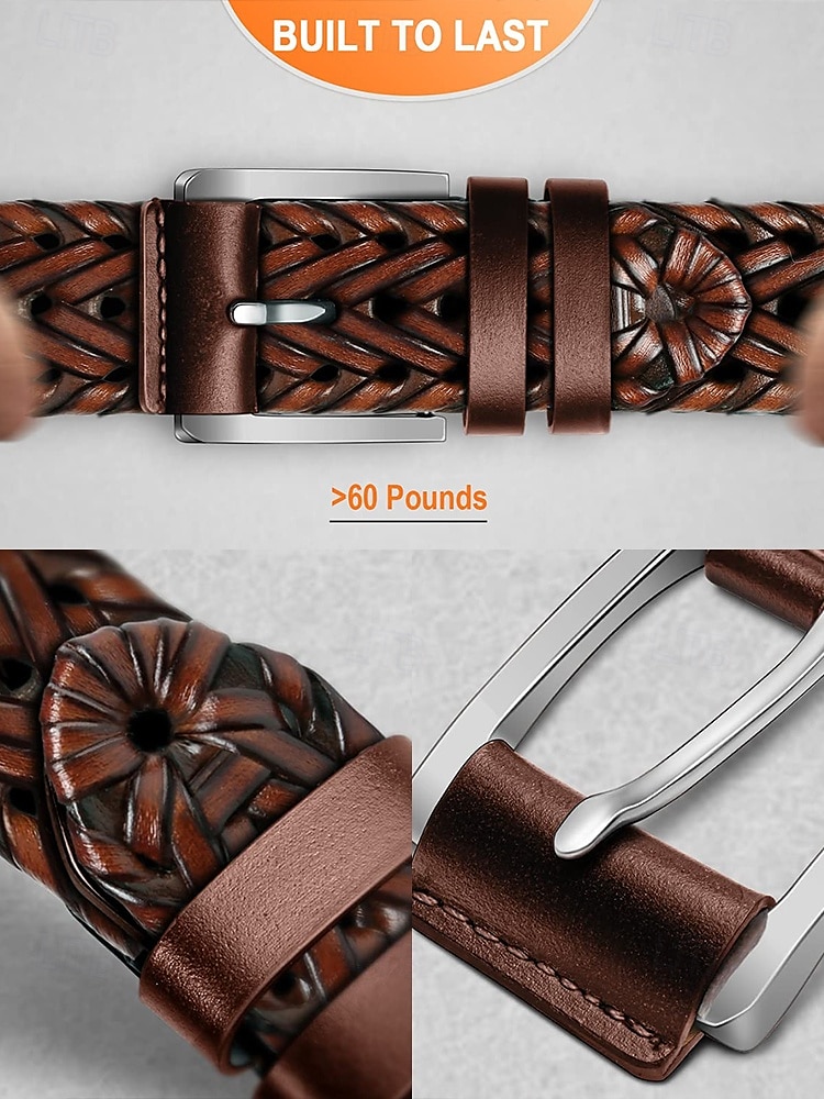 Pánský pletený opasek z pravé kůže – klasický tkaný design s leštěnou přezkou, odolný a nastavitelný doplněk v pase pro ležérní, obchodní a golfové outfity 2026 - $18.99 –P10