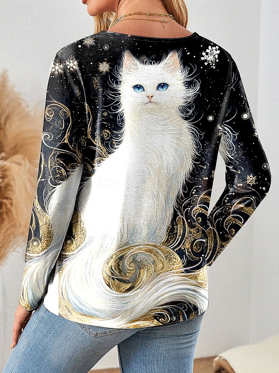 Femmes T-shirt Graphique Animal Chat ancien Mode Élégant manche longue Col ras du cou Hauts Réguliers Quotidien Imprimé Jaune Bleu Violet Vert Printemps Automne Hiver de 2025 ? $22.99 –P2