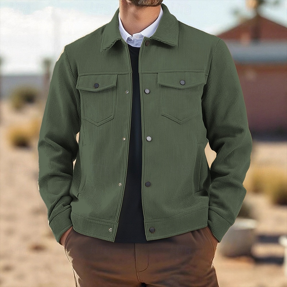 Homme Chemise en velours côtelé Veste-chemise Veste d'Hiver Uni Vacances Tenue quotidienne Noir Vert Véronèse Beige Café manche longue Revers Automne Hiver Vêtement Tenue Avec Poches de 2026 ? $41.99 –P4