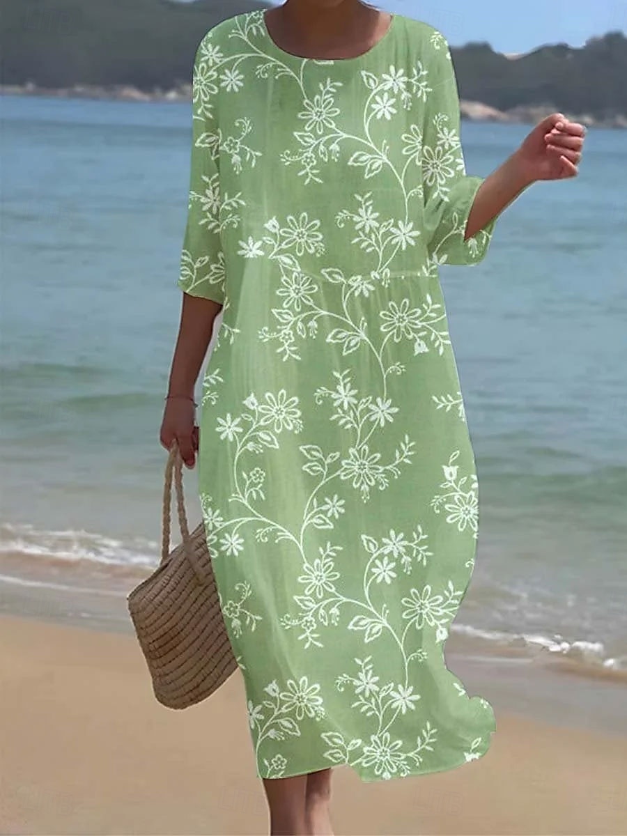 Damen Maxi Kleid Kaftan 3/4 Länge Ärmel Rundhalsausschnitt Lässiges Kleid A-Linie Kleid Boho Lockere Passform Florales Grafik V-Ausschnitt Weiß Gelb Hellgrün Grün Frühling Herbst 2025 - $16.99 –P7
