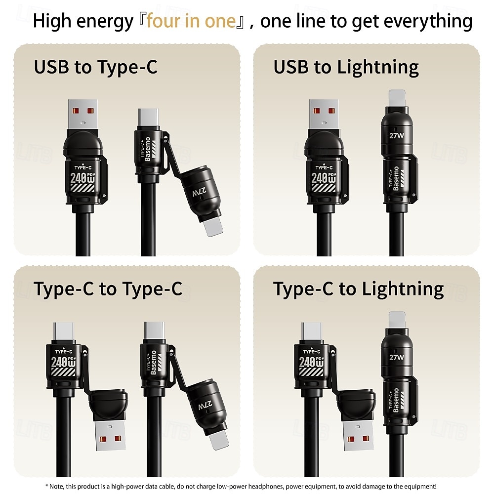 Cabo de carregamento super rápido com tela de 240 W, cabo de dados com mola para iPhone, Huawei, Xiaomi, Samsung, cabo de carregamento 4 em 1 tipo C para tipo C de 2025 por $14.99 –P1