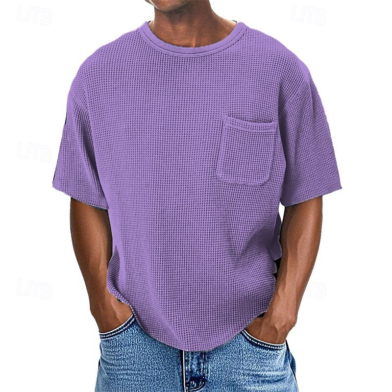 2025年 男性用 ワッフルTシャツ Tシャツ 半袖シャツ ティートップ 半袖 クルーネック 夏 平織り ファッション デザイナー ベーシック ポケット バケーション ストリート お出かけ ブルー ネイビーブルー パープル メンズトップTシャツ  コレクション – $18.49 –P1