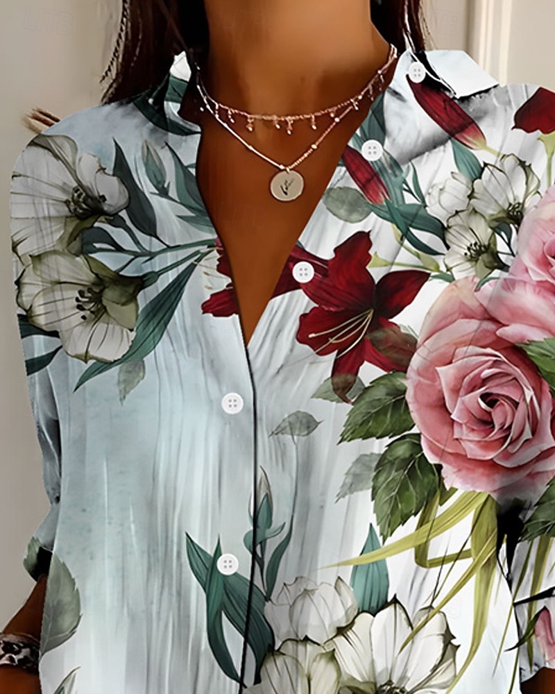 Per donna Camicia Bottoni Stampato Floreale Attivo Quotidiano Elegante Manica Lunga Colletto a Camicia Top Regolari Quotidiano Ferie Azzurro Primavera Autunno del 2026 a $32.99 –P2
