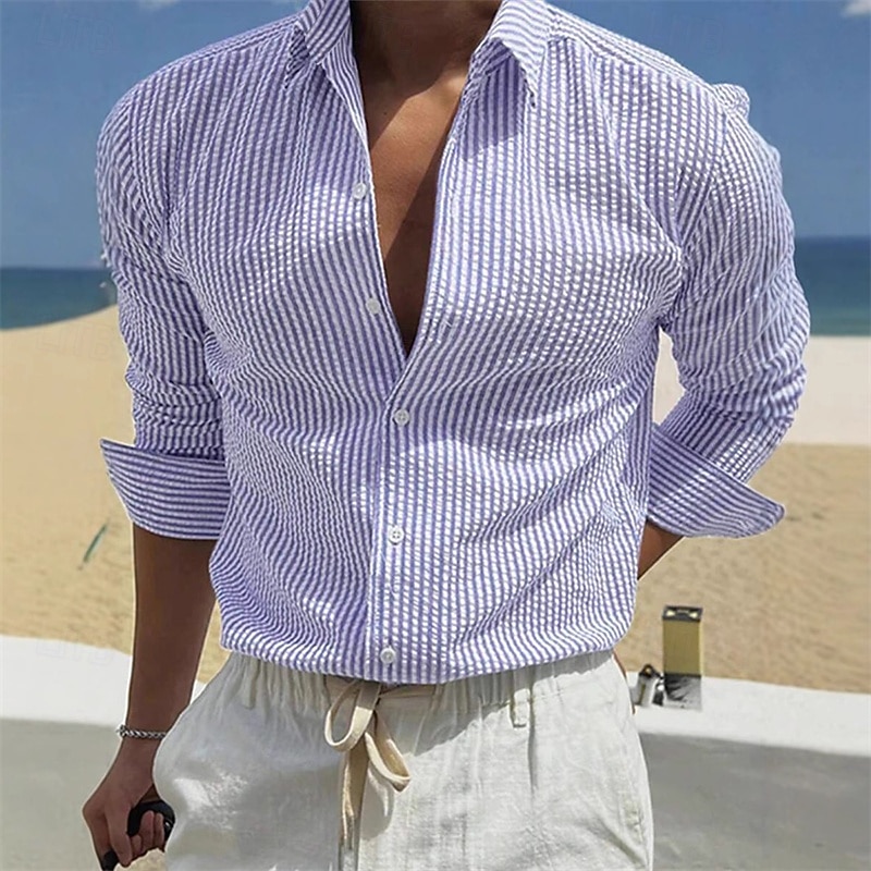 Men's Shirt Summer Shirt Casual Shirt Beach Shirt Button Up Shirt White Long Sleeve Stripe Lapel Streetwear Vacation Clothing Apparel Polyester Fashion Casual Comfortable 2026 - $26.99 –P4