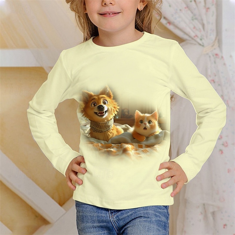 Flickor 3D Djur Katt T-shirt Långärmad Vår Höst Mode Grundläggande Barn 4-12 år Rund hals Utomhus Ledigt Dagligen Normal 2025 - $13.99 –P1
