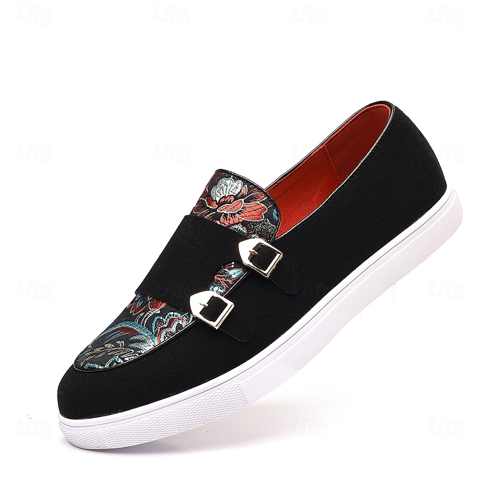 Herre denim loafers med dobbel munk stropp og etnisk trykk – moteriktige, uformelle slip-on-sko for urban stil, fester og vårantrekk 2025 - $34.99 –P2