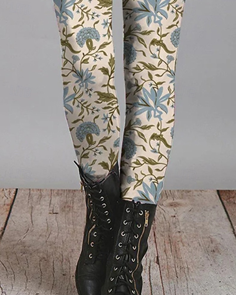 2025年 女性用 パンツ レギンス 心地よいレギンス ストリートファッション カジュアル 全長 ハイウエスト フラワー 弾性ウエスト プリント 通気性 快適 伸縮性あり バケーション ストリート デイリーウェア ホワイト 夏 春 秋 レギュラー  コレクション – $17.99 –P3