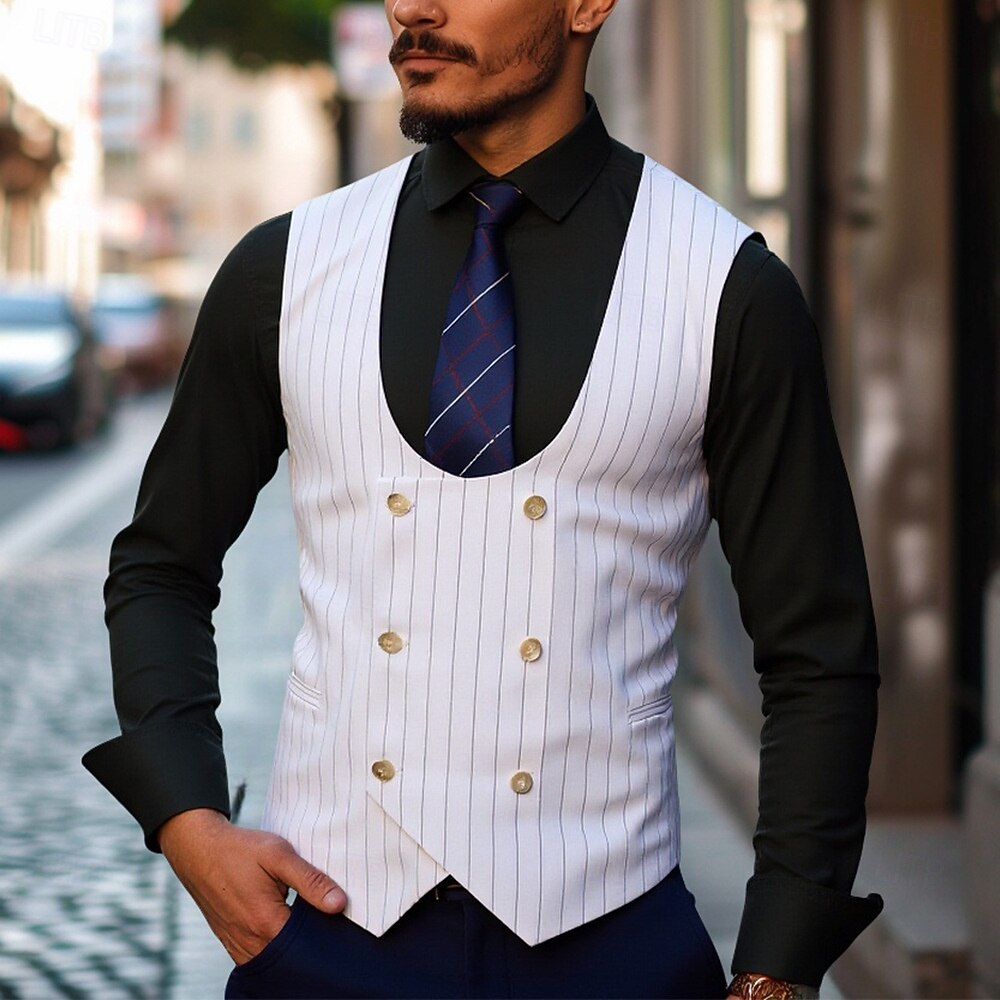 Herre Dress Vest Veste Bryllup Festkveldsklær Avslappet Aktiv Årgang Vår Høst Polyester Justerbare Stripet Dobbeltkneppet Tynn Hvit Vest 2026 - $34.99 –P1
