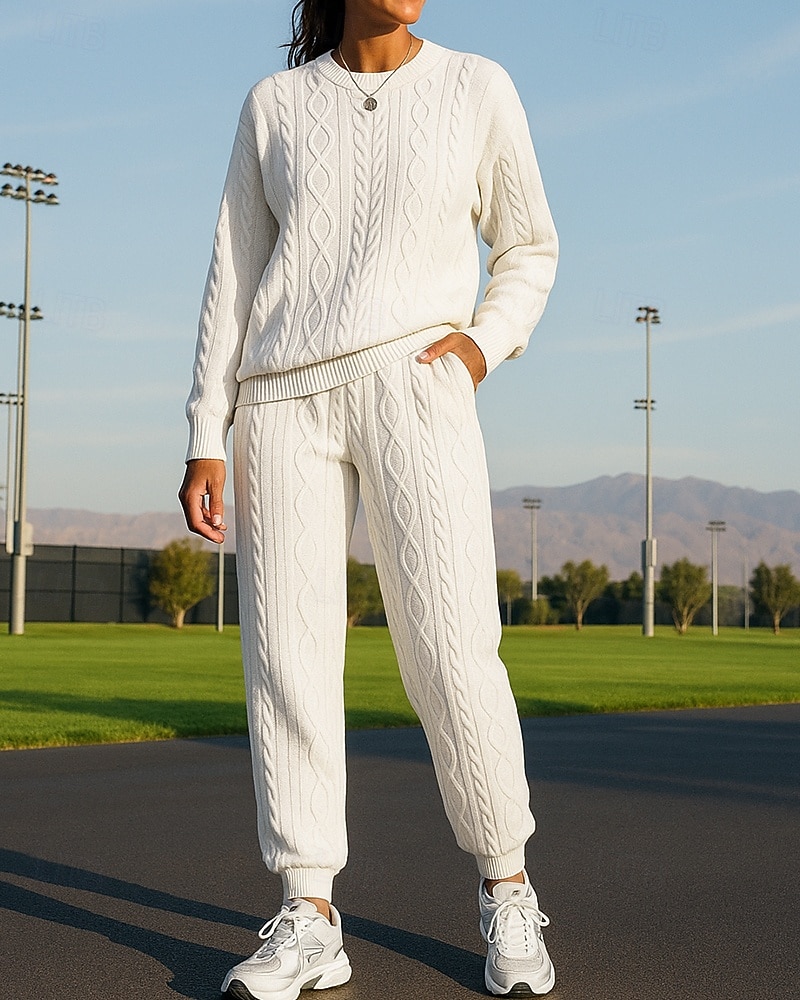 Damskie Dres Spodnie dresowe Stroje sportowe Splot kablowy Solidne kolory Zestawy odzież Jesień Czarny Biały Na zewnątrz Podróże Sportowy Wysoka talia Moda Długi rękaw Sport Odzież sportowa Średnio 2025 - $34.99 –P1