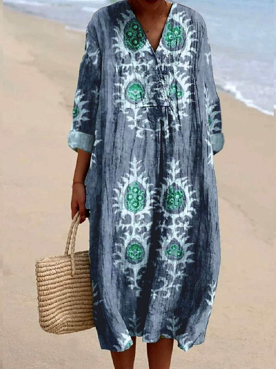 Damen Midikleid Sommerkleid A Linie Kleid Urlaub Lässig Boho Party Ferien Strand Lässiger Schnitt Blumen Grafik Langarm V Ausschnitt Salbeigrün Staubiges Blau Braun Sommer Frühling Herbst 2025 - $35.99 –P2