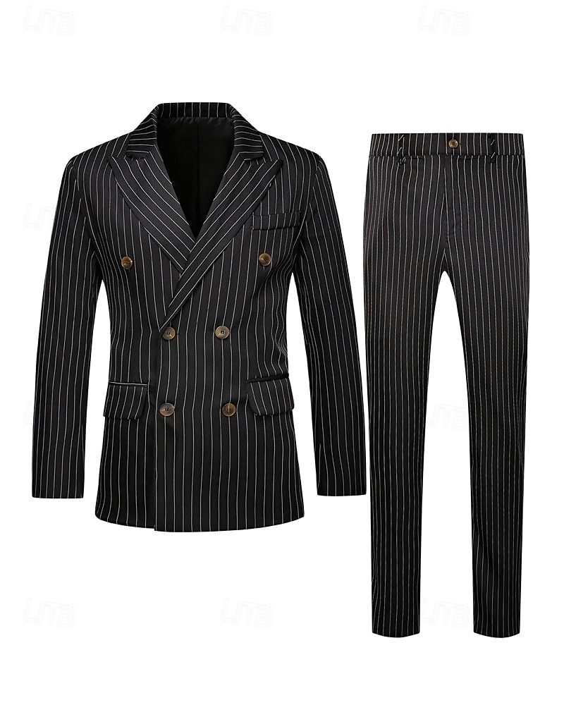 Herren Blazer Set Geschäft Cocktailparty Hochzeitsfeier 2 Stück Mode Lässig Frühling Herbst Polyester Gestreift Tasche Knöpfe Bequem Doppelreihig Blazer Schwarz 2025 - $58.99 –P3