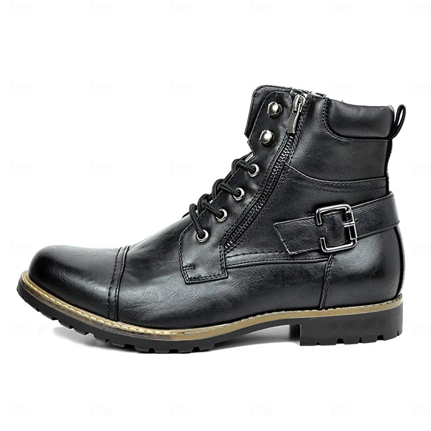botas de combate masculinas com zíper lateral e fivela - botas de cano curto com cadarço de moda casual para roupas urbanas e do dia a dia de 2025 por $59.99 –P17