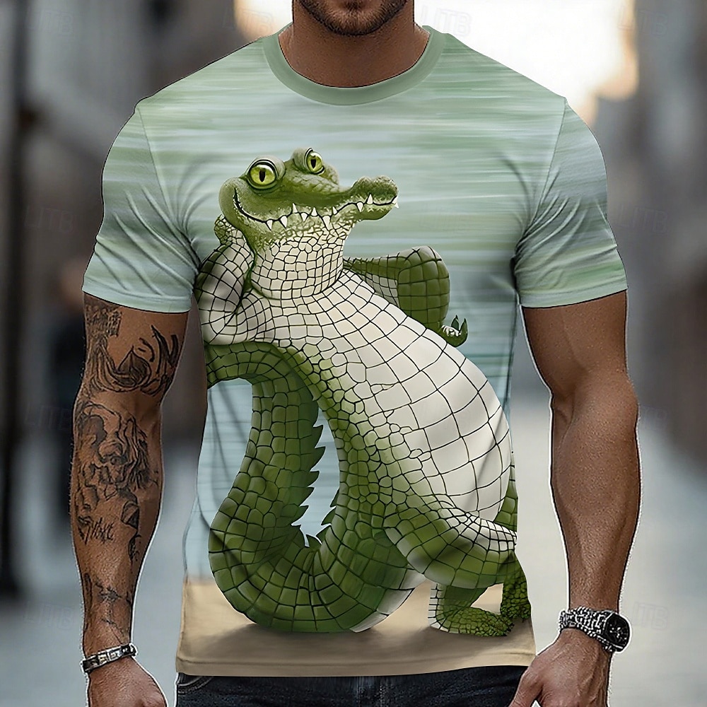 2025年 男性用 クロコダイル おかしい Tシャツ 半袖 Tシャツ 3Dプリント クルーネック シャツ 誇張された デザイナー パーティー ストリート カジュアル 緑 2# ライトグリーン ミントグリーン 夏 春 オールシーズン 衣類 S M L XL XXL XXXL  コレクション – $18.99 –P3