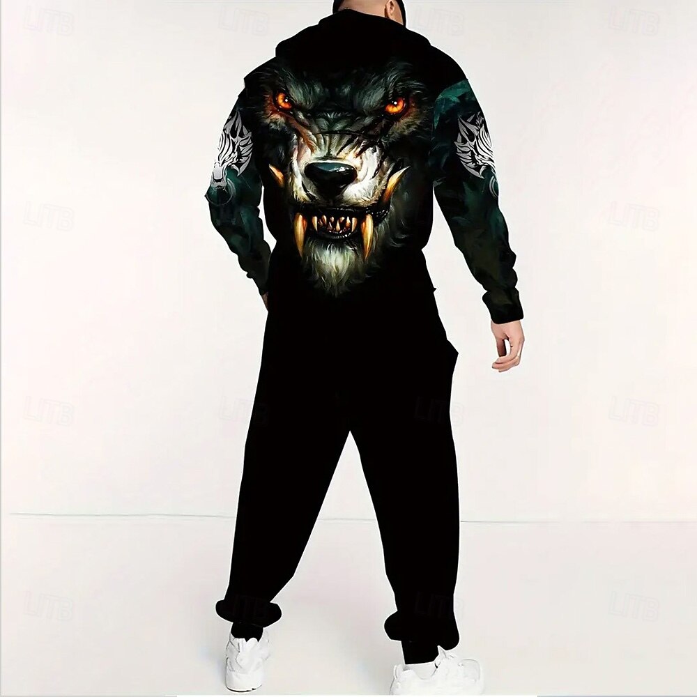 Herr Djur Varg 2st 3D-tröja set Träningsoverall Hoodie-tröja Långärmad Långa byxor Huva Ledigt vardag Trendig Fritids- 3D-utskrift Vår Höst Vinter Svart 2025 - $39.99 –P2