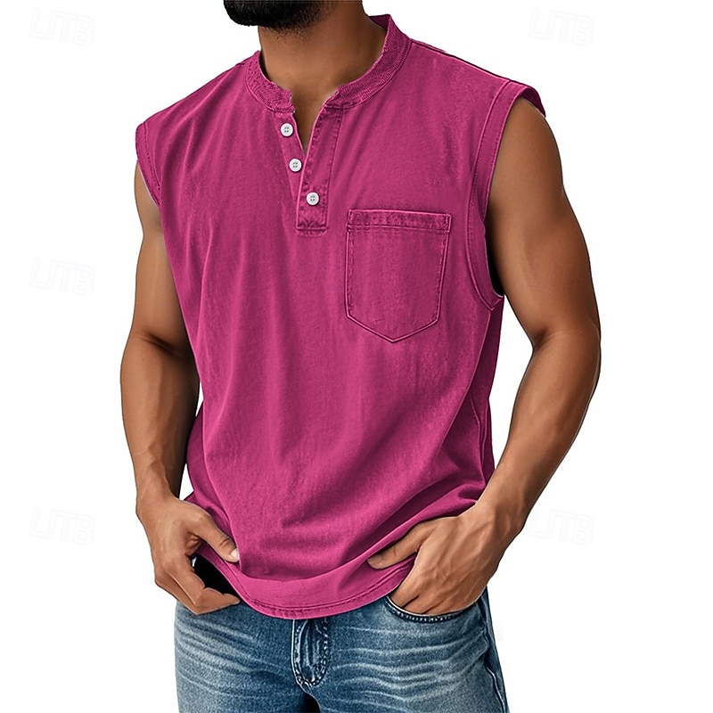 Herren Tank Top Weste Top Unterhemd Ärmellos Shirt Baumwolle Ärmellos Henley Sommer Einfarbig Mode Designer Basic Tasche Knöpfe Urlaub Street Ausgehen Schwarz Hellgrün Rosa Top Tee für Männer 2025 - $22.99 –P10