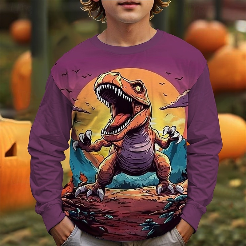 Halloween Poikien 3D Piirretty Dinosaurus T-paita Pitkähihainen Kevät Syksy Muoti Perus Lapset 4-12 vuotta Tiukka pyöreä kaula-aukko ulko- Kausaliteetti Päivittäin Normaali 2025 - $13.99 –P3