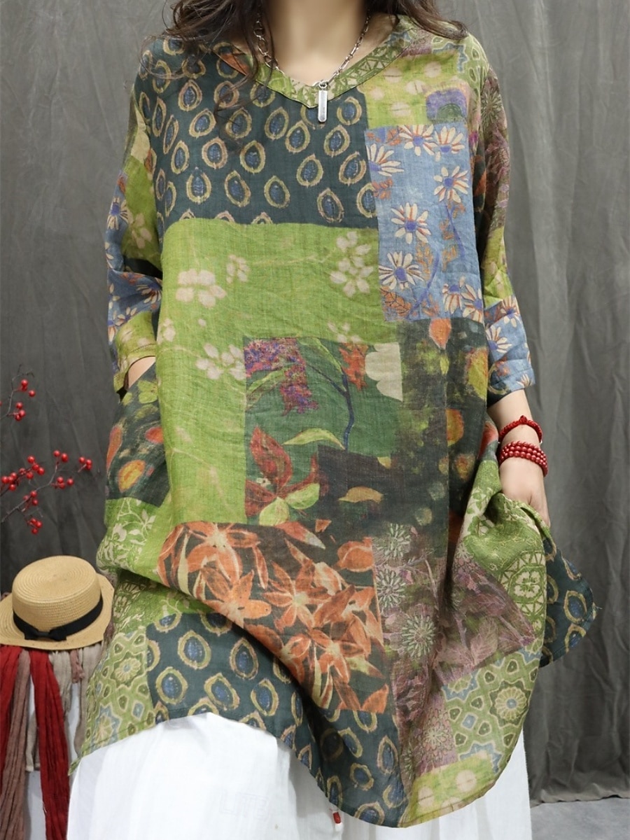 Per donna Camicie di cotone e lino Floreale Grafico Bohemien Elegante Essenziale Manica 3/4 Scollo a V Top Regolari Quotidiano Stampato Rosso Verde Estate Primavera del 2025 a $31.99 –P3