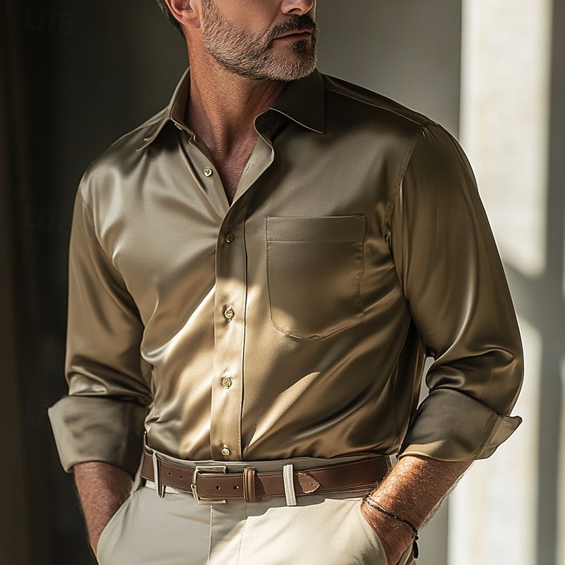 Per uomo Camicia Come la seta Camicia in raso Camicia elegante Camicia casual Camicia con Bottoni Semplice Formale Matrimonio Marrone Manica Lunga Bavero Primavera & Autunno Tutte le stagioni del 2025 a $22.99 –P1