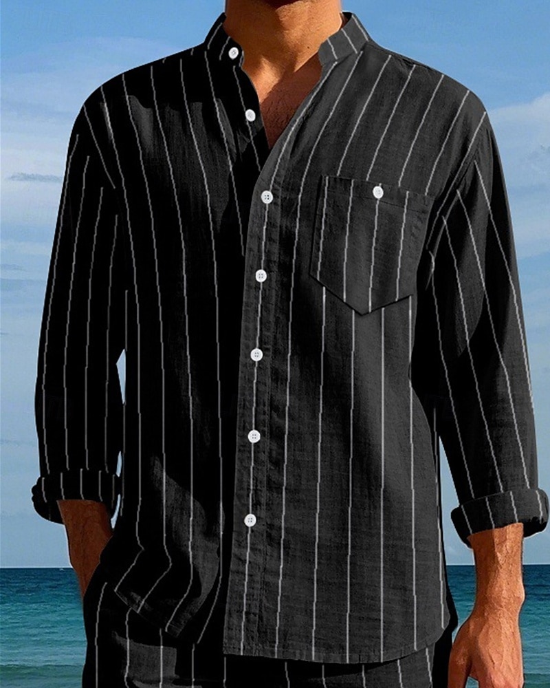 Per uomo Camicia Camicia di lino Camicia casual Camicia con Bottoni Camicia di cotone A righe Vacanza Camicia hawaiana Nero Bianco Blu reale Cachi Manica Lunga Colletto alla coreana Primavera Autunno del 2025 a $26.99 –P13