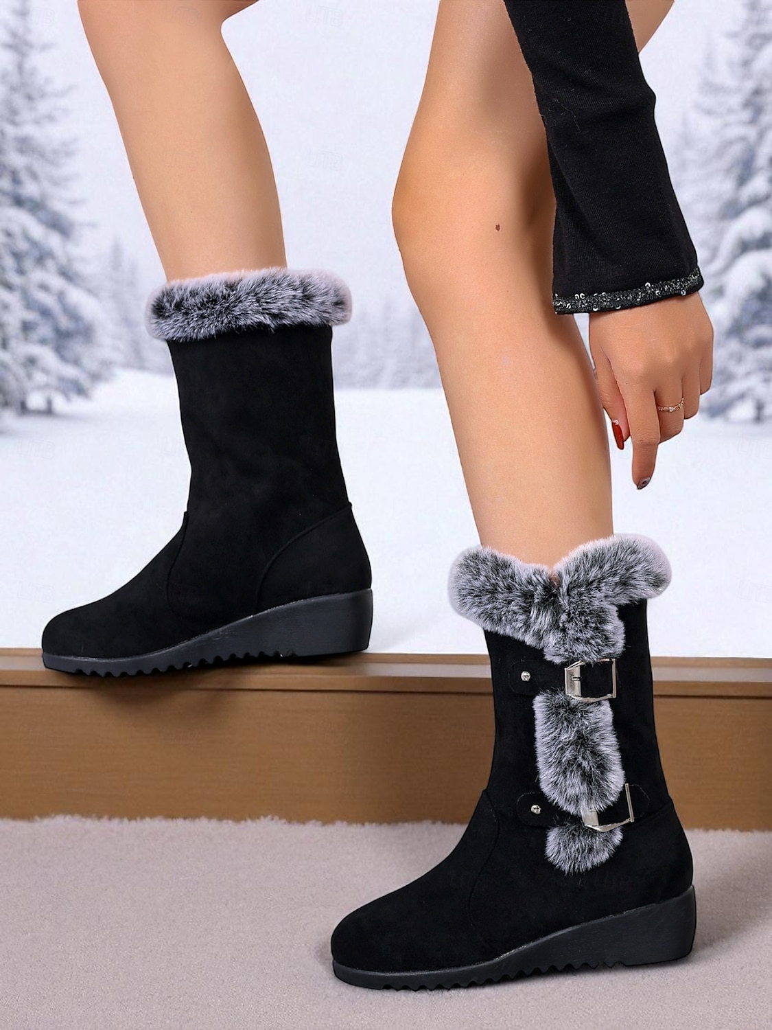 מגפי חורף שחורים לנשים עד אמצע השוק - מגפי שלג עם בטנת פרווה רכה, עקב טריז נגד החלקה, נעלי טרקים וטיולים חמות 2026 - $36.99 –P7