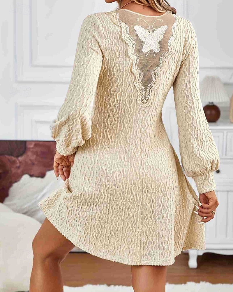 Damen Minikleid Spitzenkleid Freizeitkleid Mode Modern Laternenärmel Outdoor Urlaub Ausgehen Normale Passform Einfach Langarm V Ausschnitt Aprikose Herbst 2025 - $25.99 –P1
