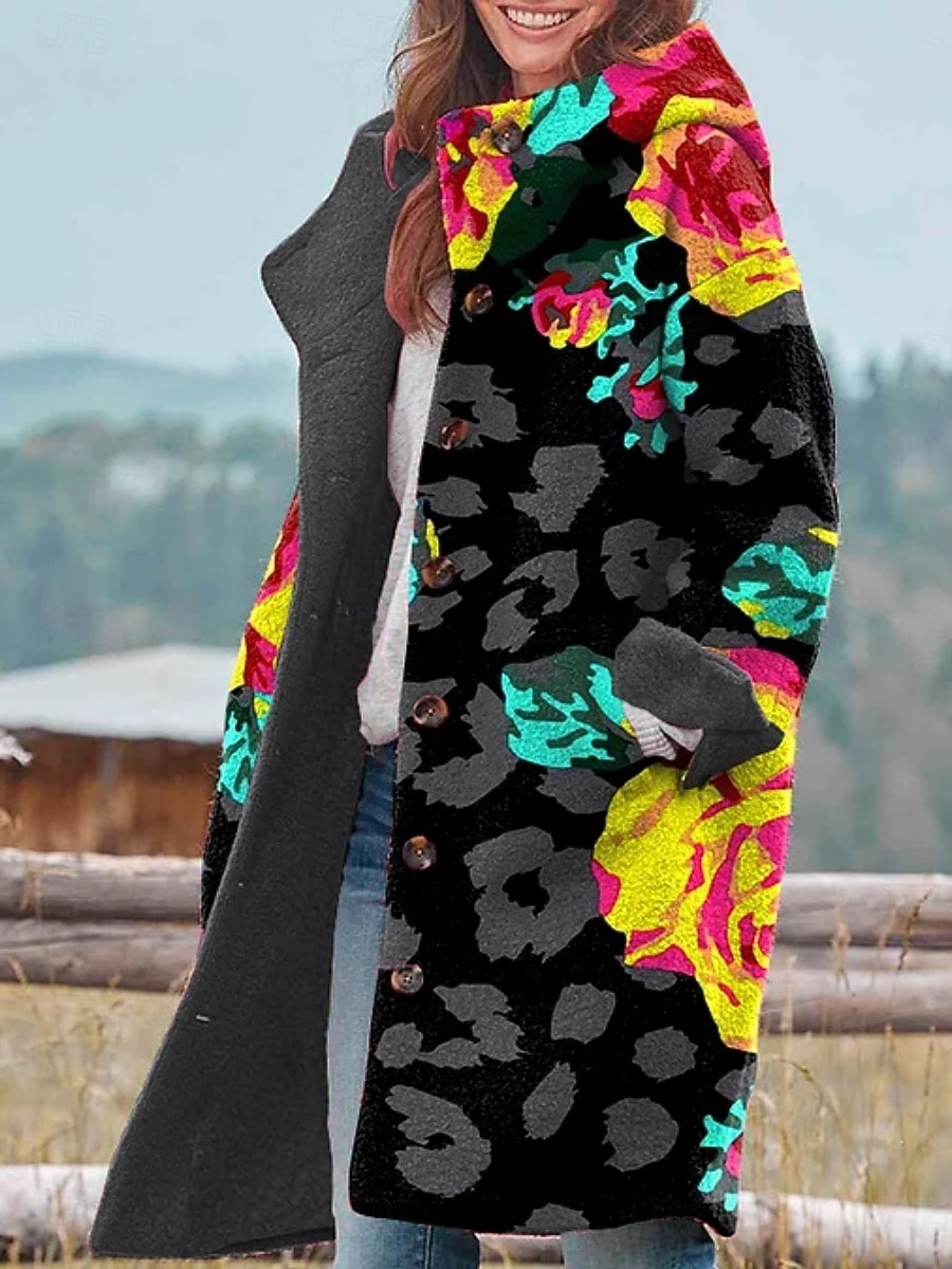 Dame Vinterjakke Fleece-jakke Frakk Hold Varm Pustende Lomme Knapper Trykt mønster Aktiv Daglig Fritid Leopard Feriereise Gate Daglig Enkeltkneppet Lang Hettegenser Normal Langermet Yttertøy Svart 2025 - $46.99 –P2