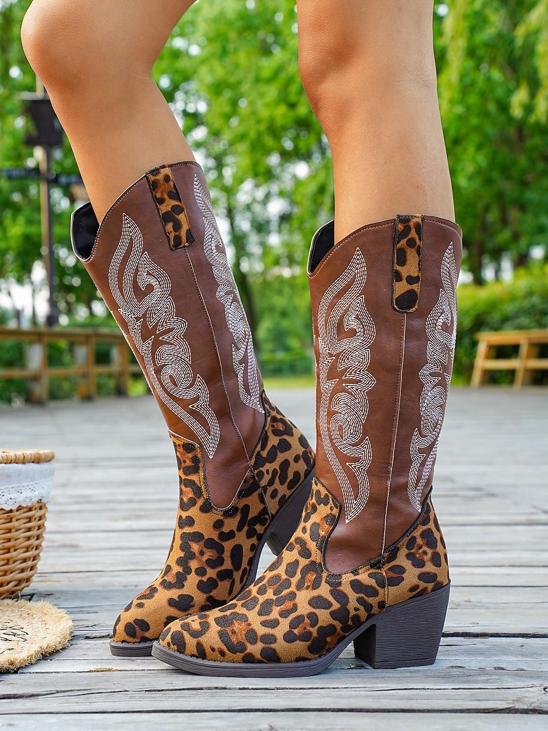 leopardmönstrade westerncowboystövlar för kvinnor – broderade knähöga cowgirlstövlar med blockklack för rodeo, countrykonserter och höstkläder 2025 - $34.99 –P4