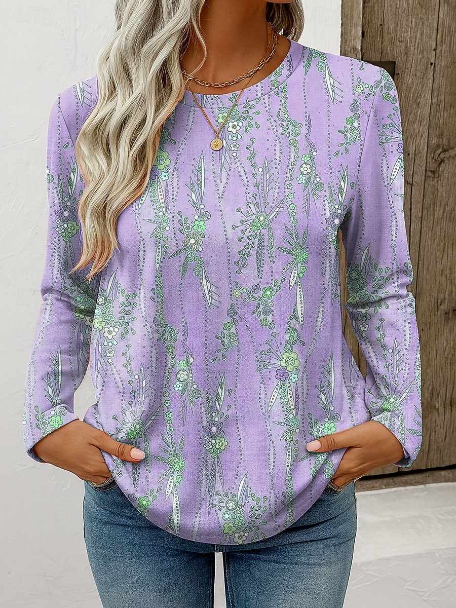 Femmes T-shirt Imprimé Fleuri Graphique Plantes ancien Élégant Classique manche longue Col ras du cou Hauts Réguliers Quotidien Week-end Bleu Rose Claire Violet Vert Printemps Automne de 2026 ? $24.99 –P3