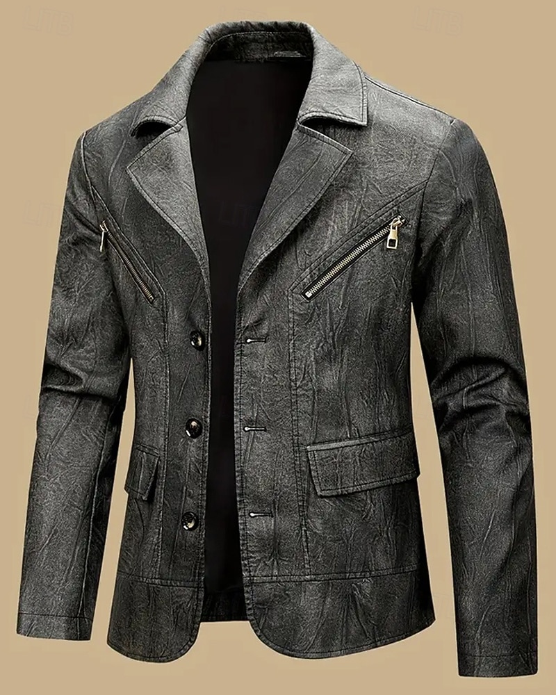 Herr Imitationsläderjacka Blazer i konstläder Bikerjacka Semester Dagligen Vindtät Håller värmen Ficka Vår Höst Slät Mode Klassisk Kavajslag Normal Imitationsläder Svart Kaffe Jacka 2025 - $55.99 –P2